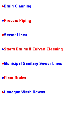 Text Box: ●Drain Cleaning
●Process Piping
●Sewer Lines
●Storm Drains & Culvert Cleaning
●Municipal Sanitary Sewer Lines 
●Floor Drains
●Handgun Wash Downs
 
 
